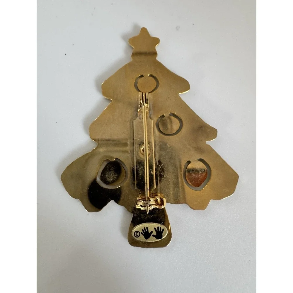 Vintage 1980s Enamel Christmas Tree Brooch Pin Gold‎ Tone Holiday Statement 2.5”